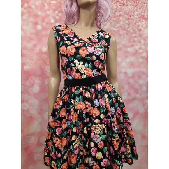Vintage 80s Belted Floral Dress Prom Party S Retro 50s Sleeveless Crinoline - Picture 11 of 13